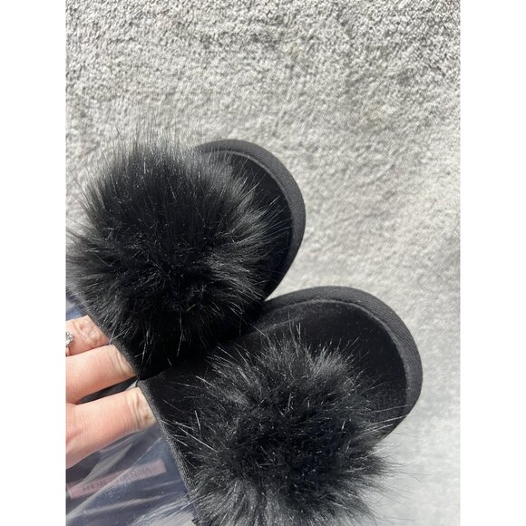 Victorias Secret Med Slippers Black Velour Pom Pom Slide Sandals 7 /8 Lingerie - Picture 2 of 8